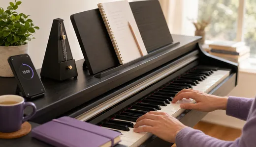 Beginner piano practice setup with keyboard, notebook, and timer