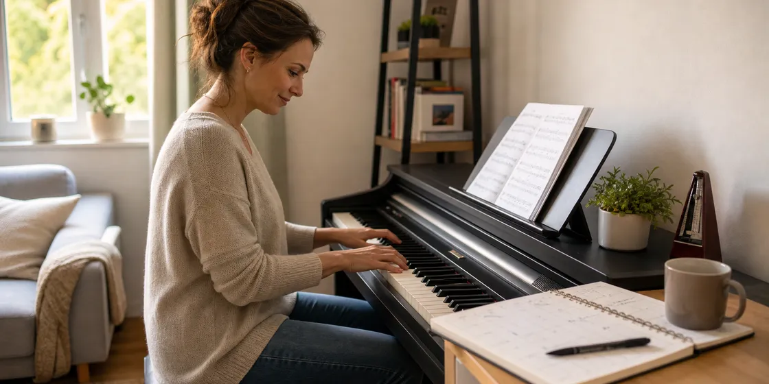 Adult beginner practicing piano with a notebook for tracking progress